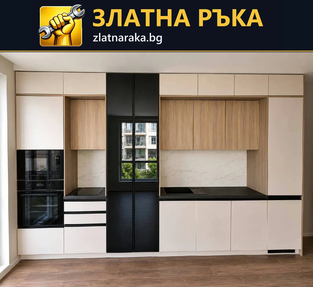 Права кухня с бели долни врати, дървесни горни шкафове и черен централен елемент