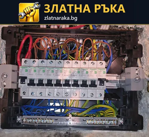 Електрическо табло без лицев капак с видими прекъсвачи и сини, кафяви и жълто-зелени проводници