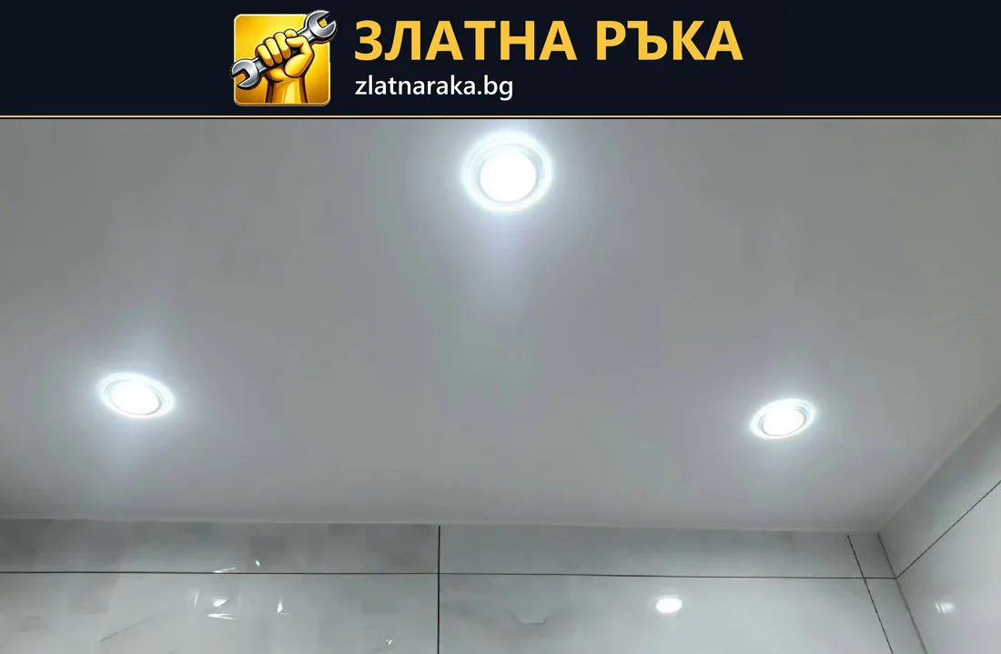 Гладък светъл таван с три кръгли светещи тела над облицовани стени