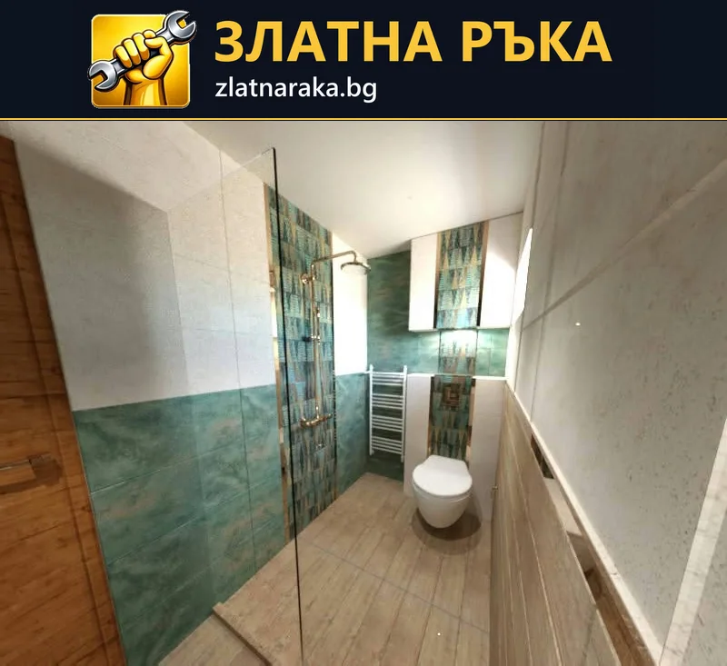 Баня с прозрачна душова преграда, зелени стенни полета и дървесна подова настилка.